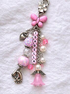 Hand Beaded Angel & Footprint Bag Charm • Personalized New Mom Gift